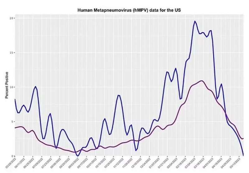 CDC数据显示，今年春季美国人类偏肺病毒（HMPV）感染病例飙升至创纪录水平